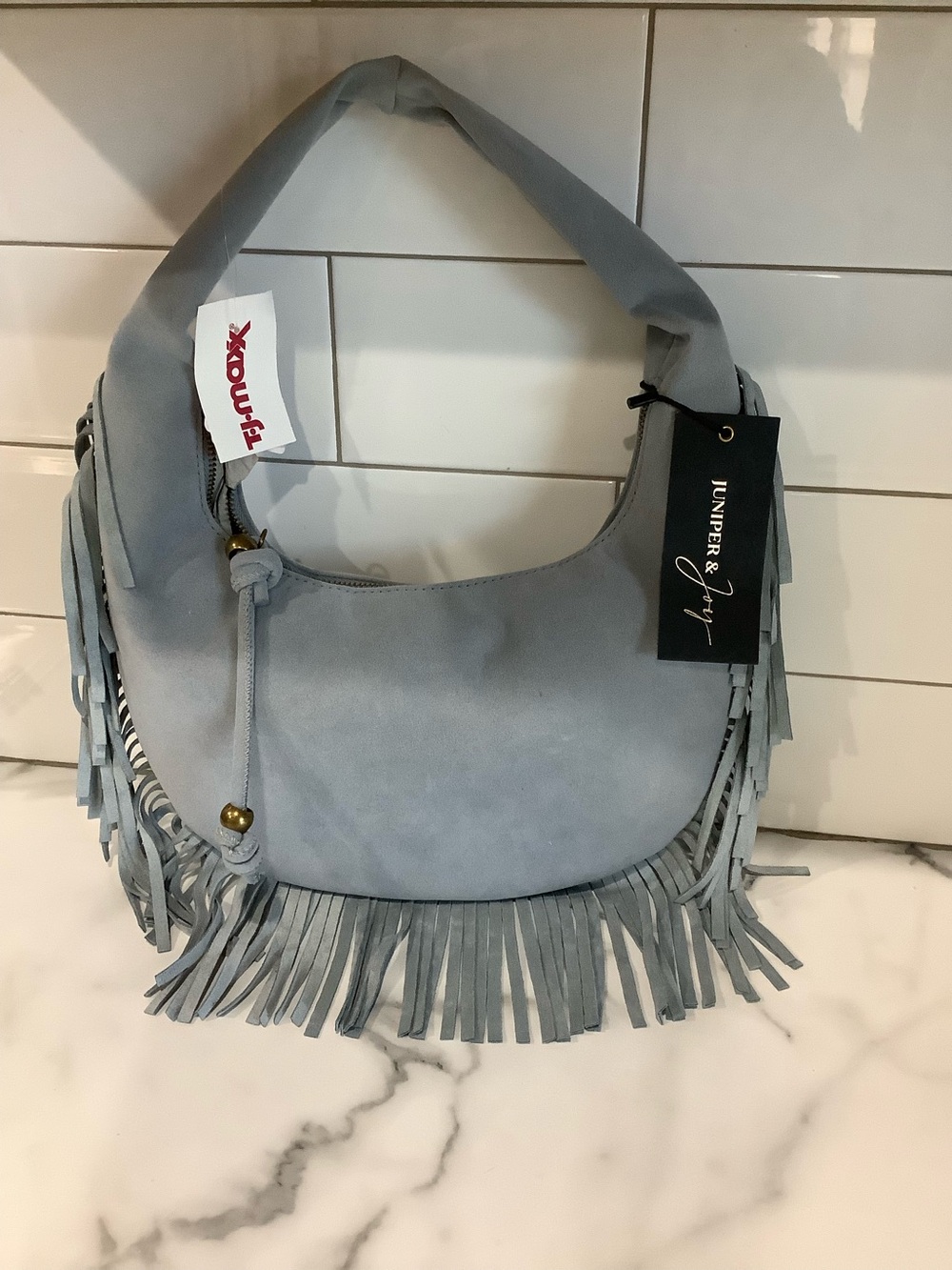 Light Blue Suede Fringe Hobo Bag